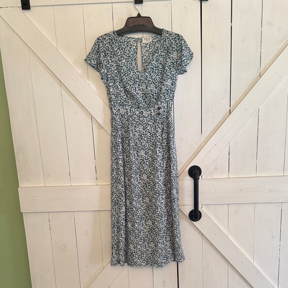 Sienna Sky green and cream Floral Wrap-Effect Midi Dress